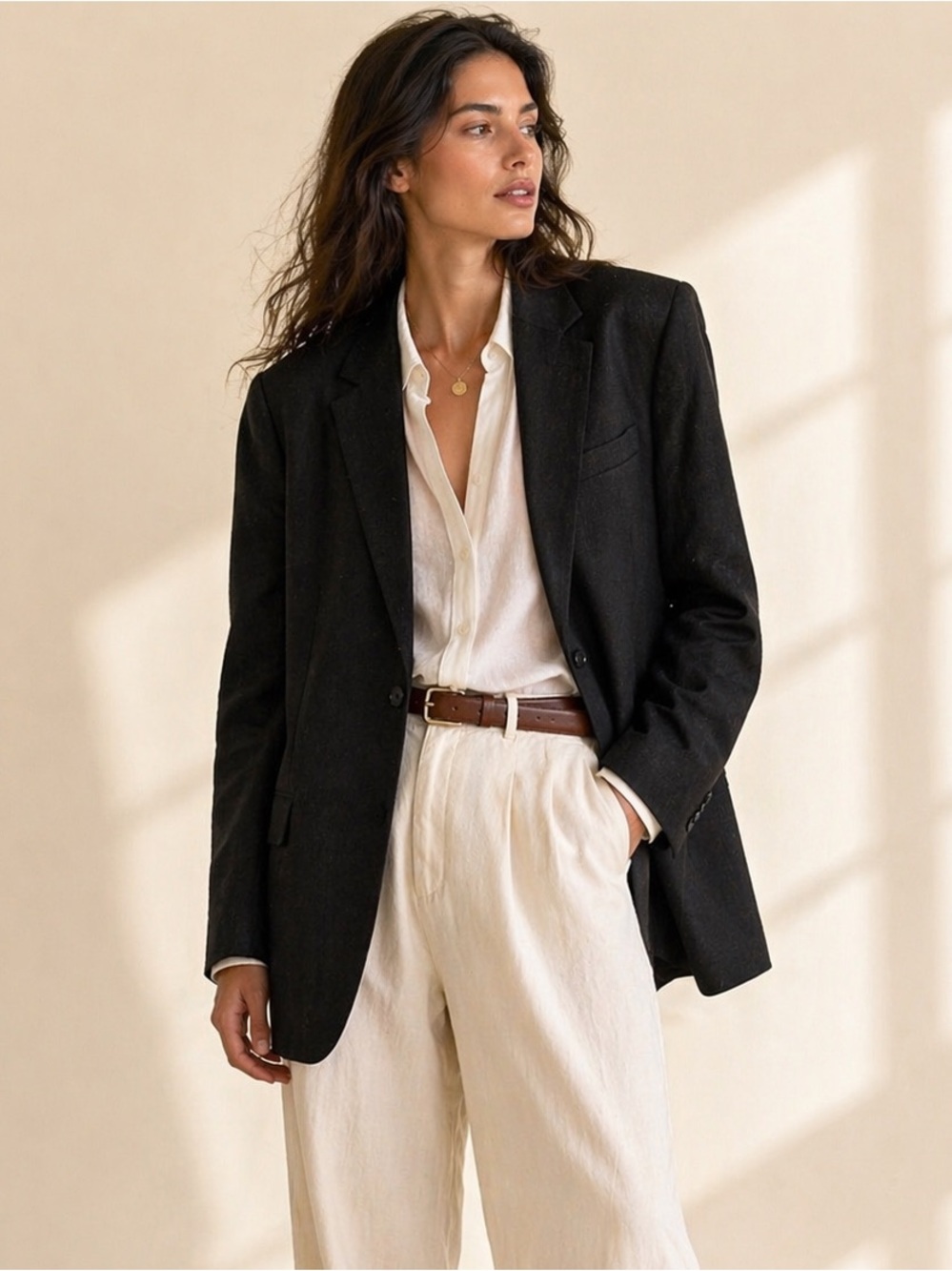 Tailored Black Linen Blend Blazer Structured Quiet Luxury Oversized Sz 46R - Picture 2 of 11